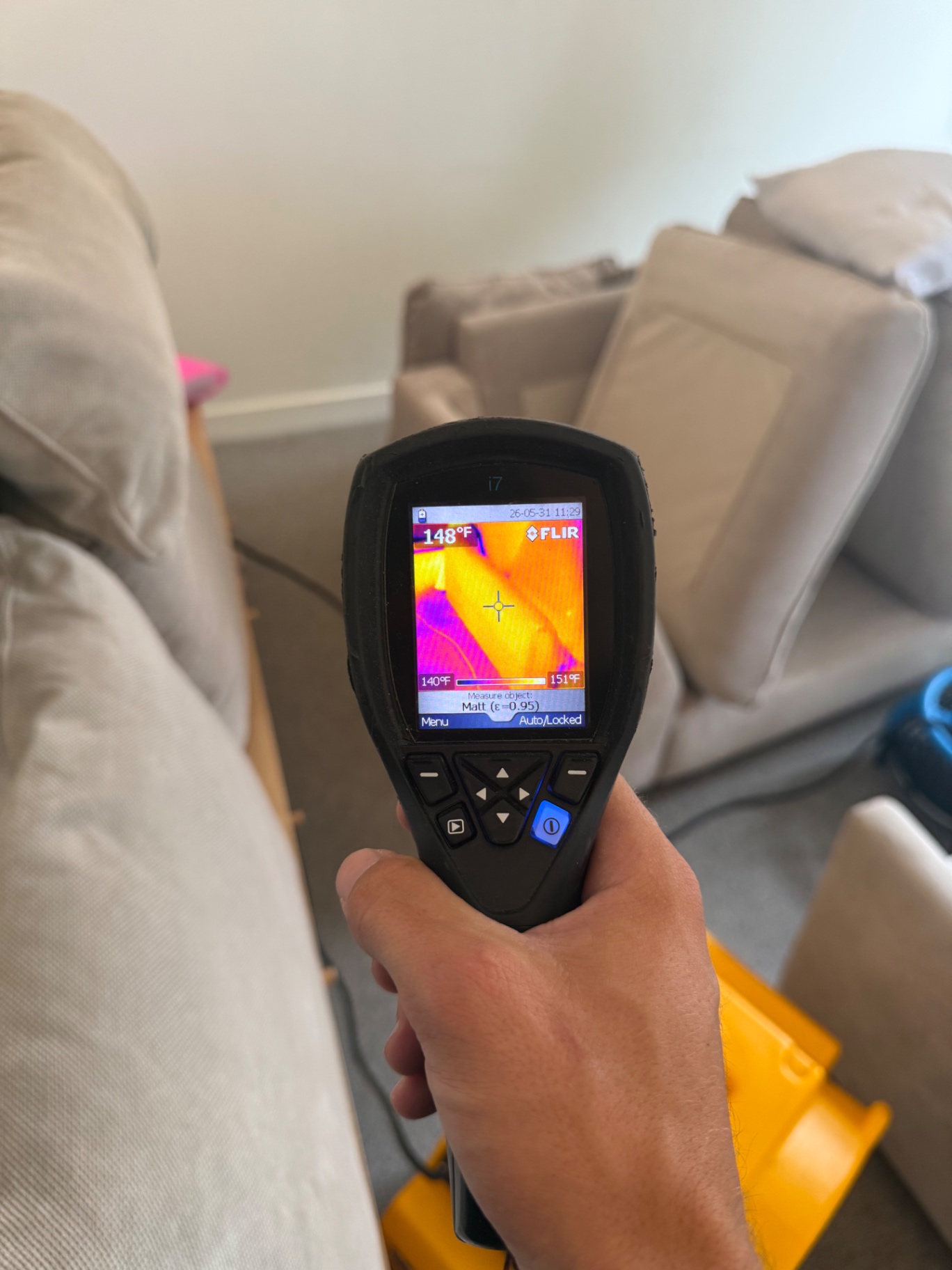 FLIR thermal reading 148°F on furniture