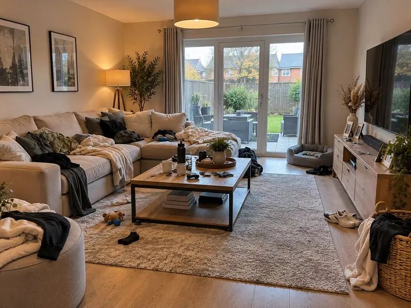 Living room before a bed bug heat treatment, with cushions, blankets and belongings left in place