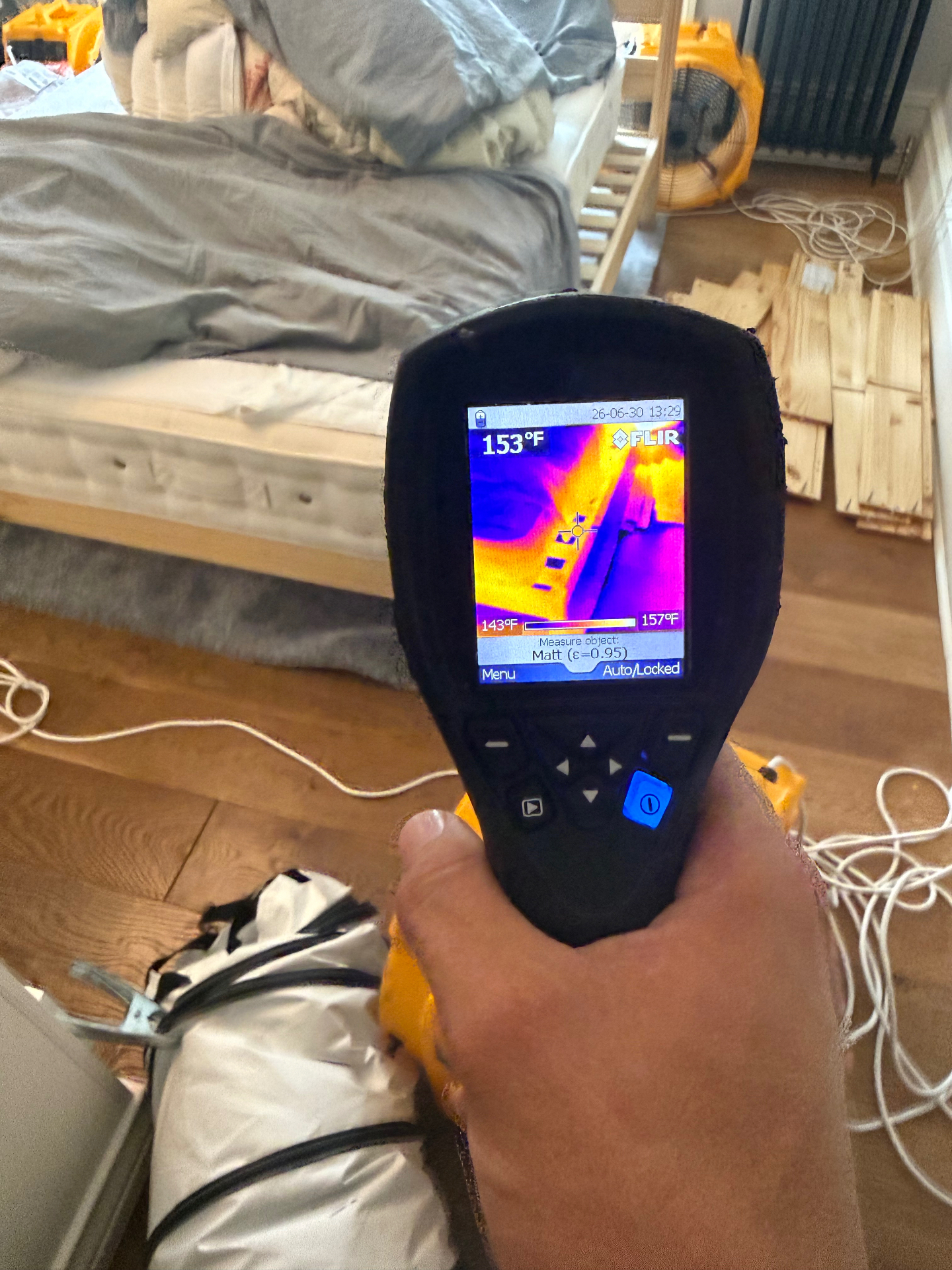 FLIR thermal reading 153°F on mattress during heat treatment