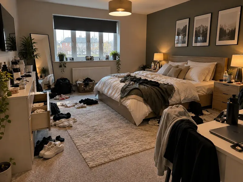 Bedroom Two before a bed bug heat treatment, with belongings and open drawers left in place