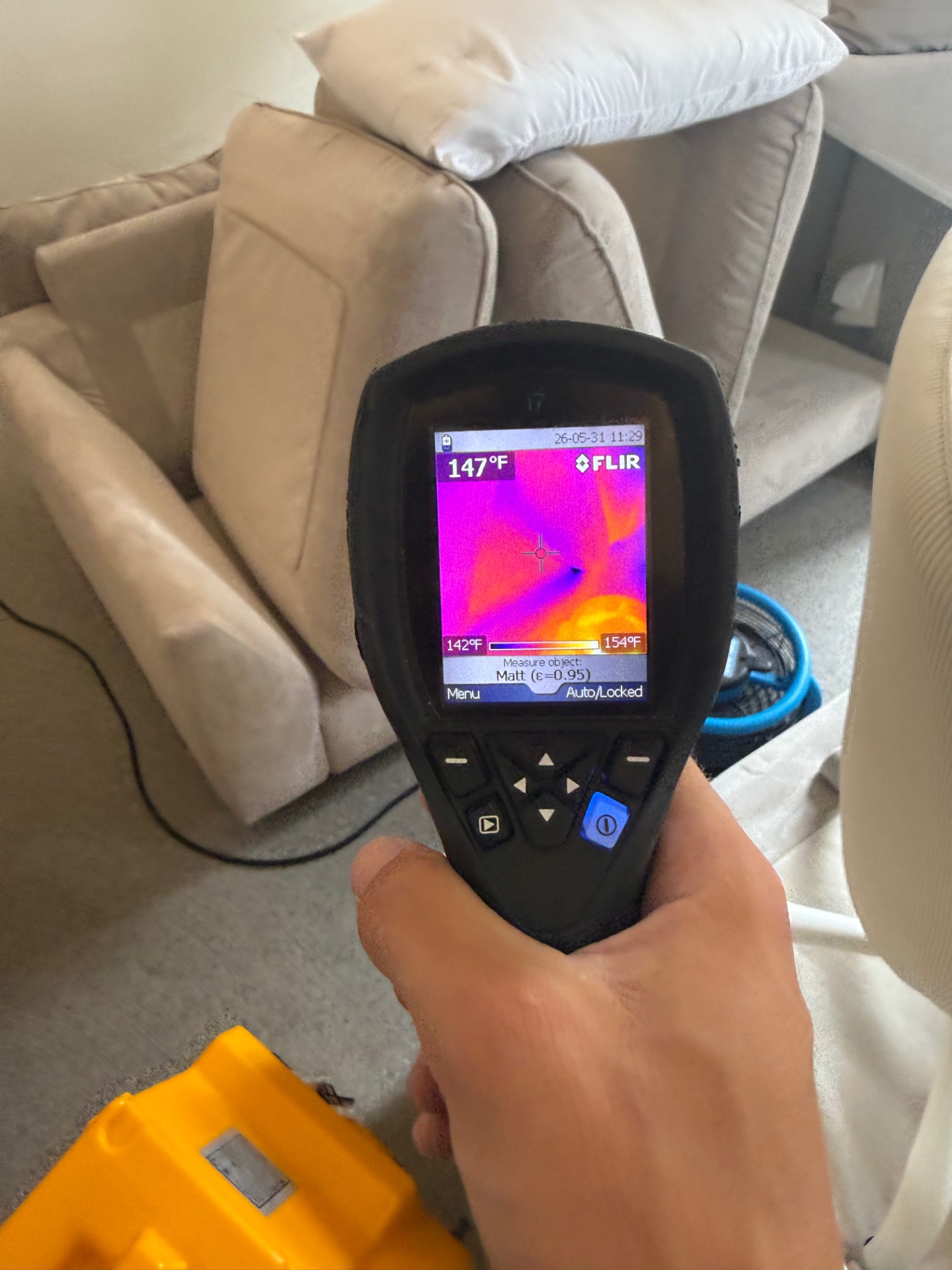 FLIR thermal reading 147°F on cushions